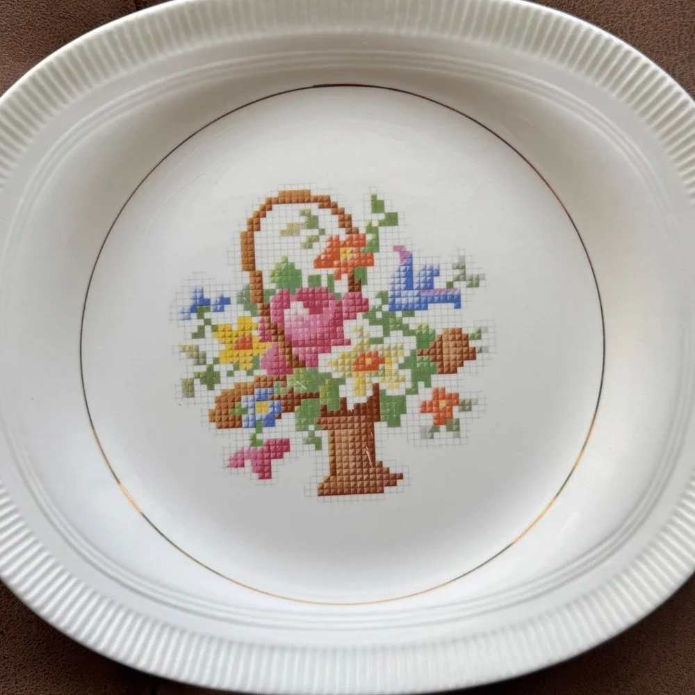 Vintage Salem China Co Basket P.P. Oval Serving Platter Cross Stitch Floral